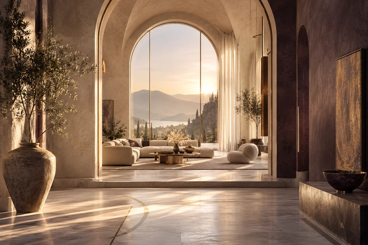 Sunlit living space with an arched window and a view of the mountains